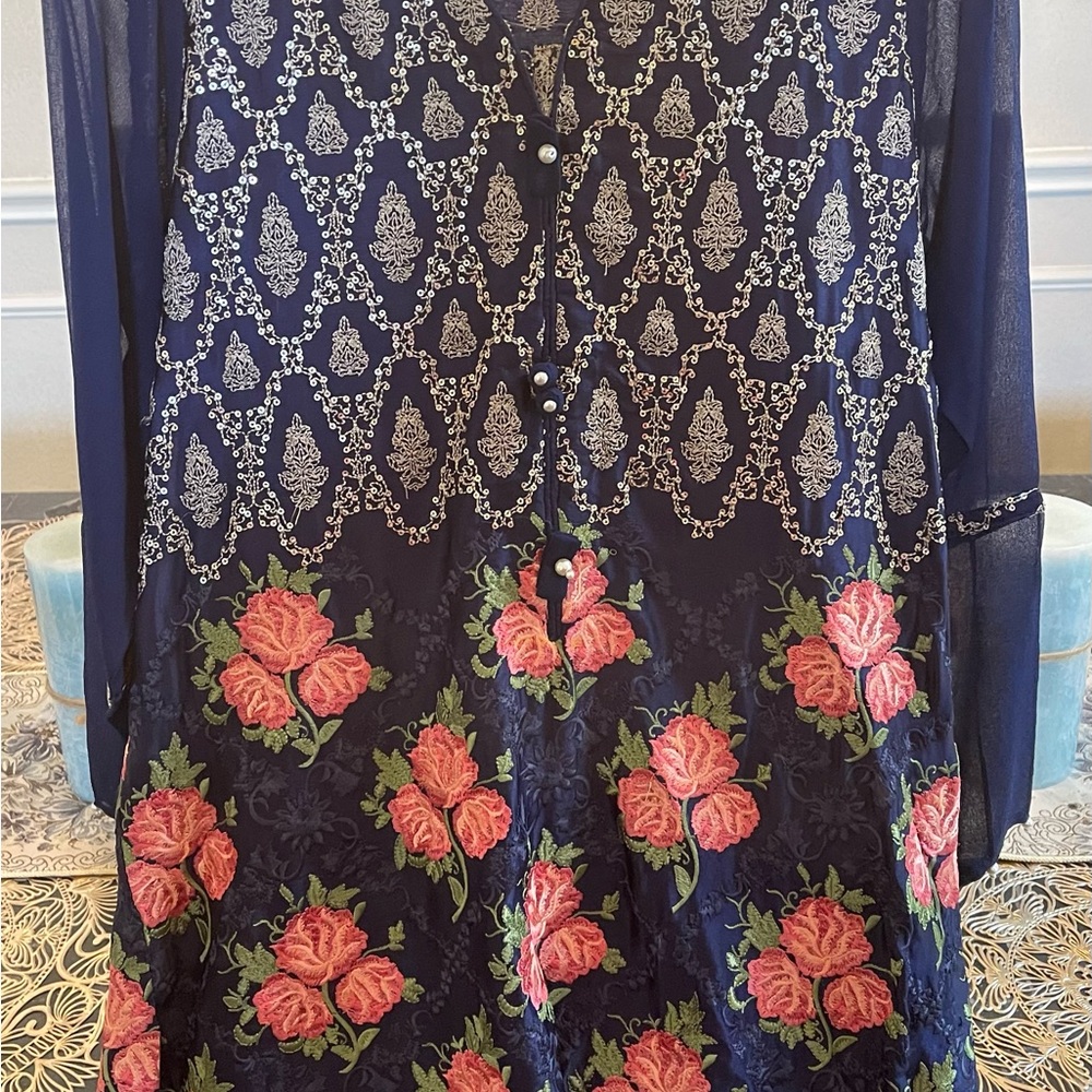 Agha Noor Silk Embroidery Shirt Royal Blue